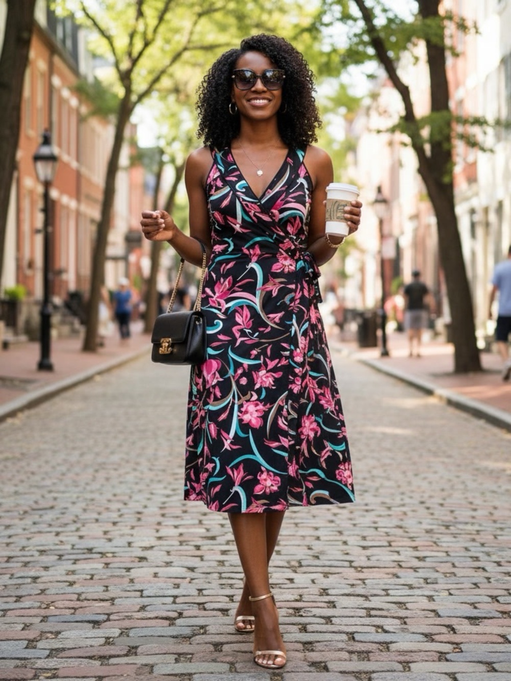 BCBGMAXAZRIA Floral Sleeveless Wrap Dress Medium Pink Teal Black